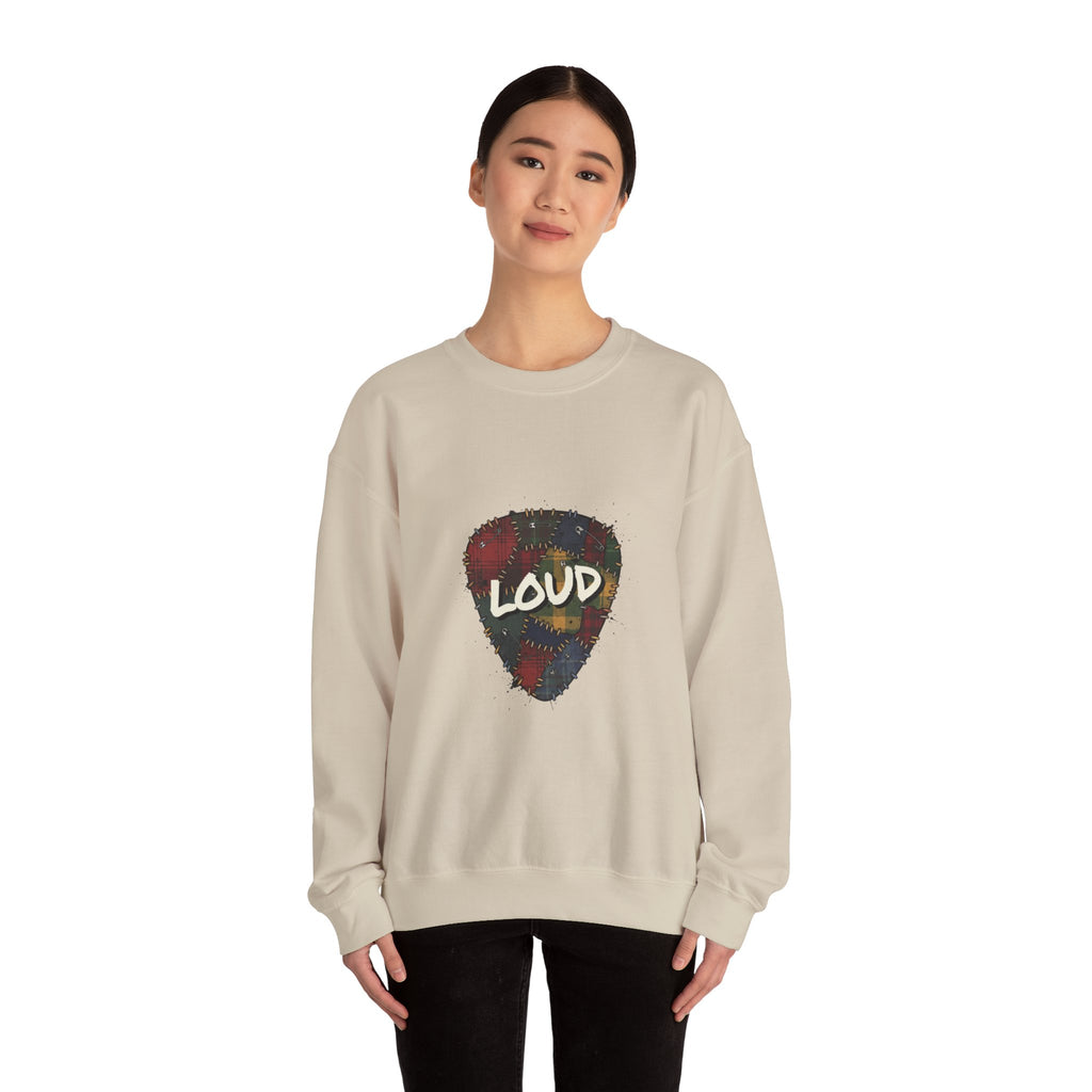 Loud Plaid Guitar Pick Crewneck Sweatshirt | Grunge Revival, 90s Flannel Aesthetic Navy