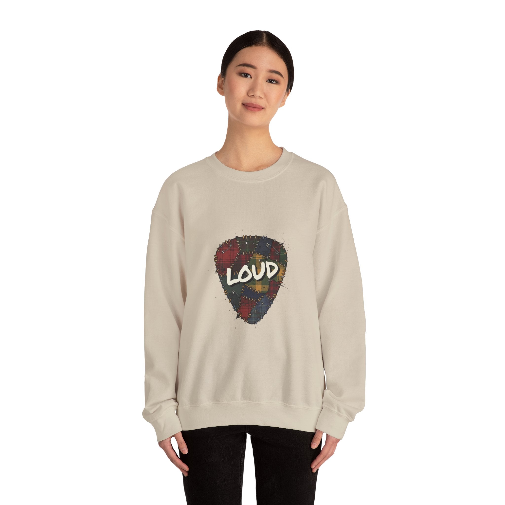 Loud Plaid Guitar Pick Crewneck Sweatshirt | Grunge Revival, 90s Flannel Aesthetic Navy
